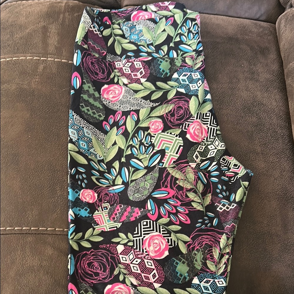 LuLaRoe Floral Geometric Leggings - Black, Pink, Green
